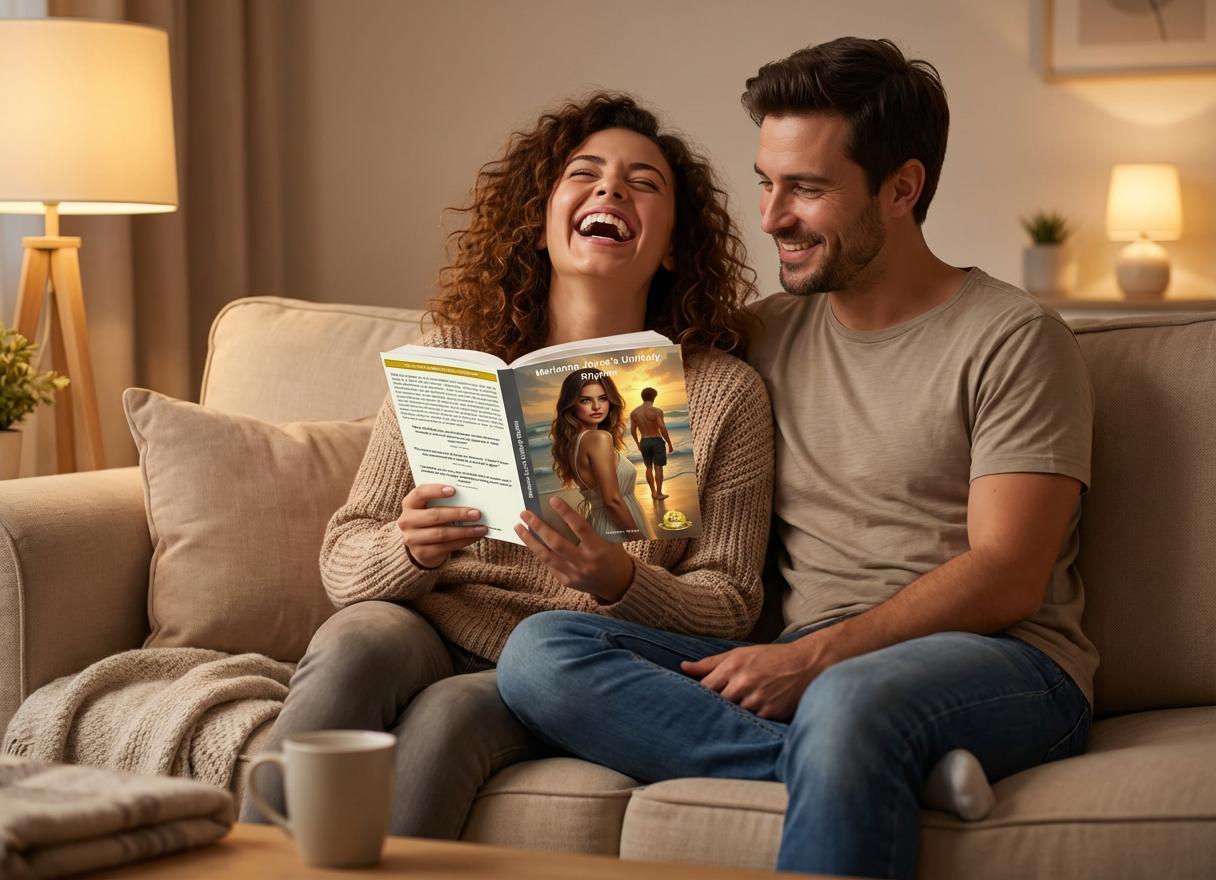 Couple laughing while reading their custom novel