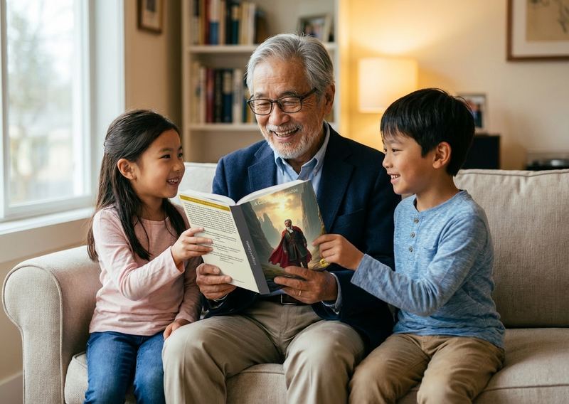 Grandfather reading a personalized book with grandchildren