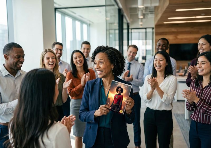 Woman receiving a personalized novel while colleagues applaud